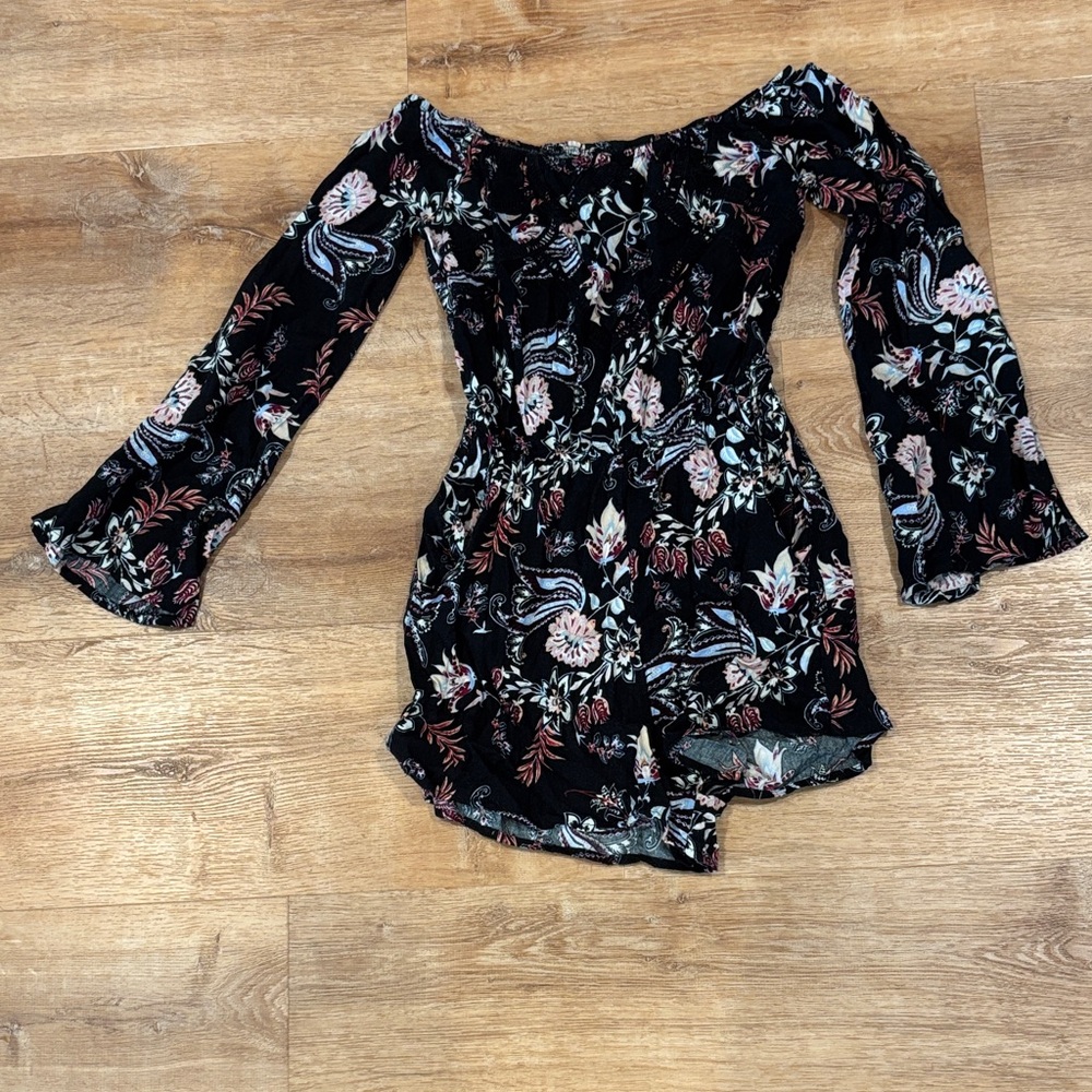 Xhilaration Black Floral Off-Shoulder Romper with Pink and Blue Accents
